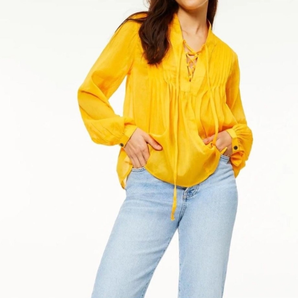 NWT Women rag & bone Sachi Pleat Split Neck Top Saffron, Cotton Silk Blend | L